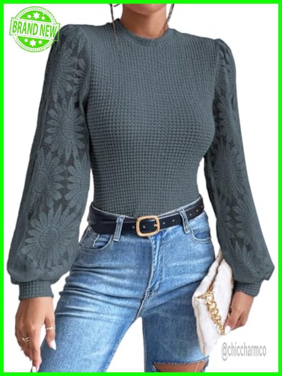 Tops - Women's Crochet Lace Long Sleeve Blouse Waffle Knit Tunic Crewneck Pullover